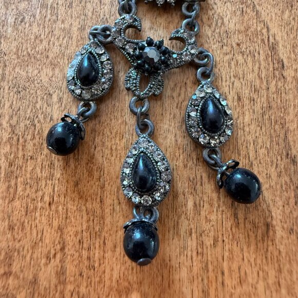 Fun Faux Rhinestone & Black Silver-Tone Dangly Floral Teardrop Earrings - Picture 6 of 8